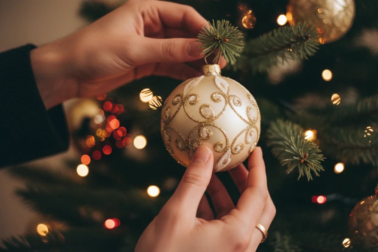 Mani che appendono una pallina crema e oro a un ramo di abete
